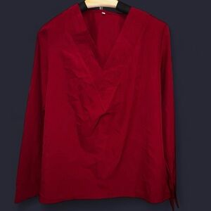 Relaxed Red Blouse with Mock Turtleneck and Long Sleeves